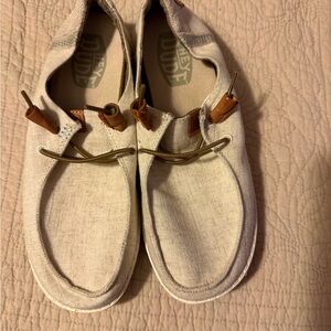 Hey Dude Woen's Natural Canvas Slip-On Boat Shoes with Tan Accents